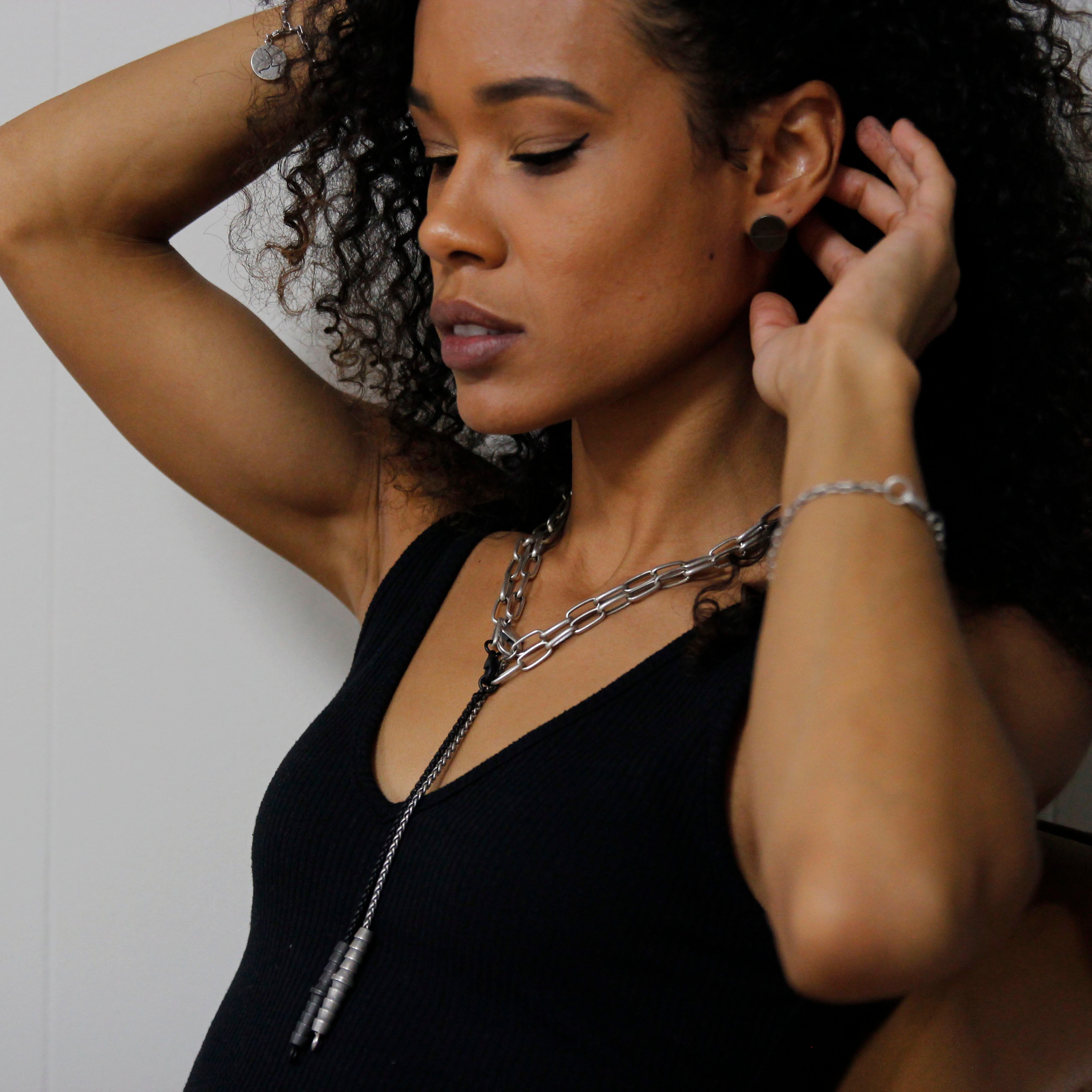 Chained Necklace on African American Model. Powder Coated mixed with oxidized silver